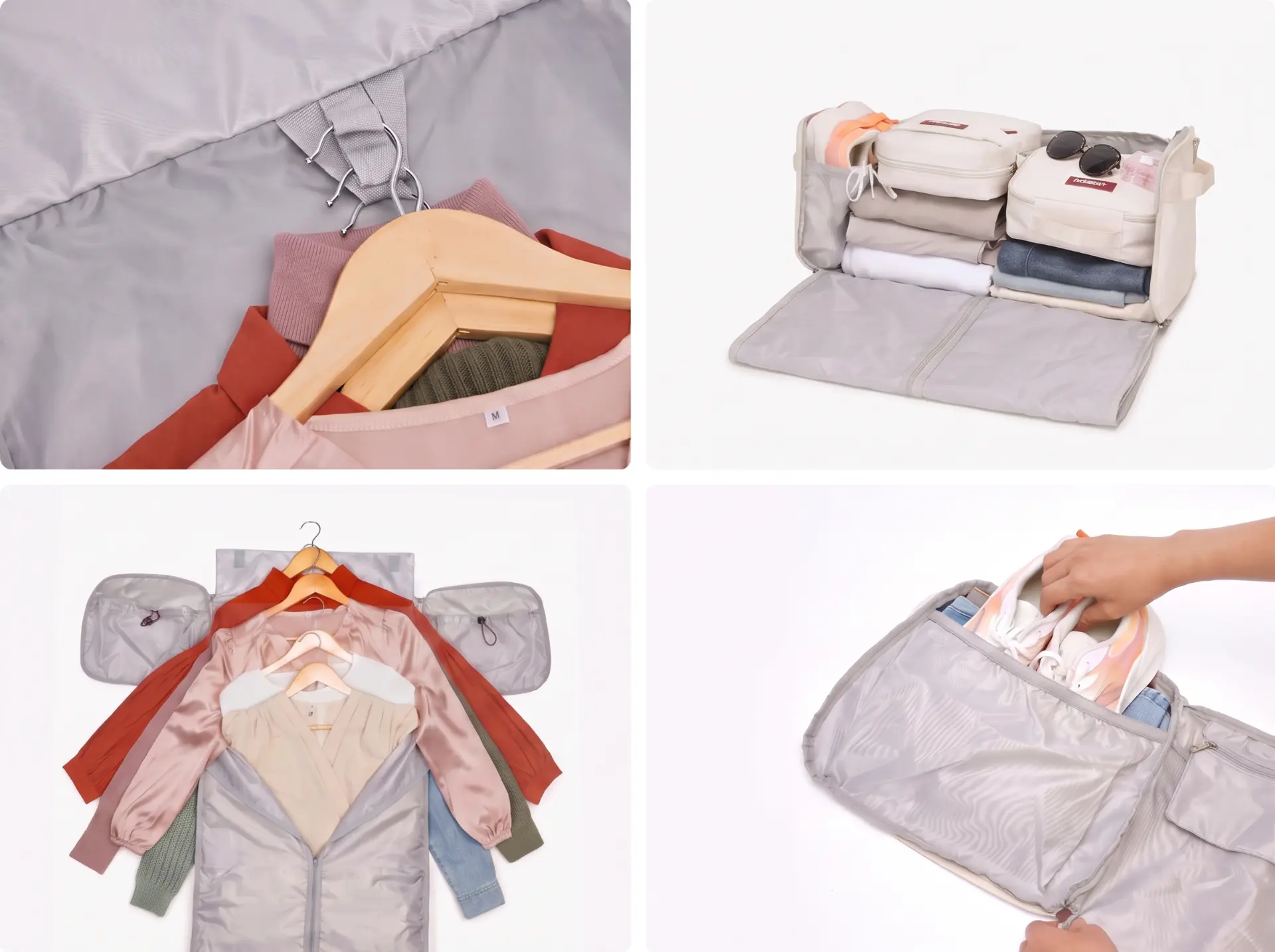 Four-panel detail view of the Voyager garment layer, packing cubes, hanging clothes, and interior organization